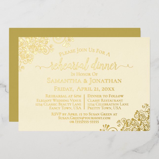 Invitación Con Relieve Metalizado Cena de Boda crema elegante de encaje dorado (Anverso/Reverso)