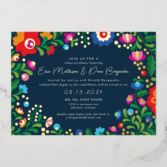 Invitación Con Relieve Metalizado Cena de Boda de bordado mexicano (Anverso)