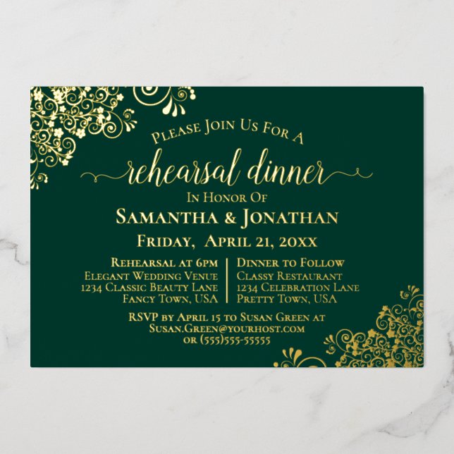 Invitación Con Relieve Metalizado Cena de Boda de oro de color verde esmeralda (Anverso)