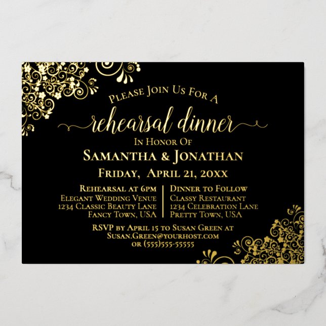 Invitación Con Relieve Metalizado Cena de Boda negro elegante de encaje dorado (Anverso)