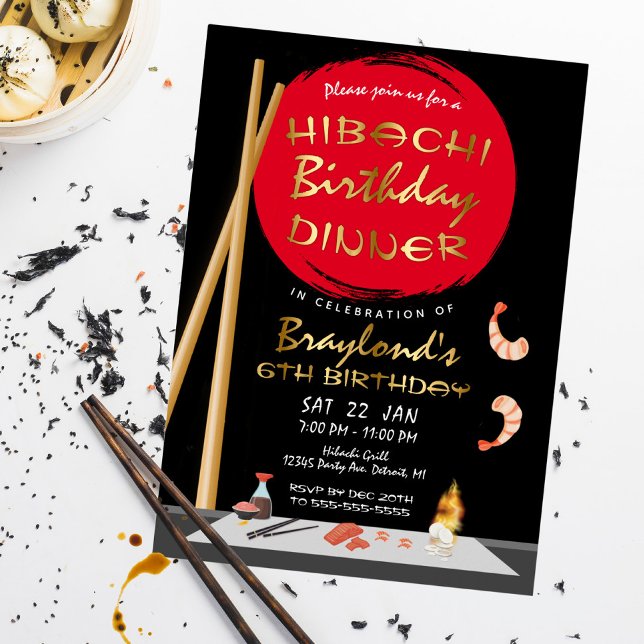 Invitación Con Relieve Metalizado Cena de cumpleaños Hibachi Fiesta Hibachi (Subido por el creador)