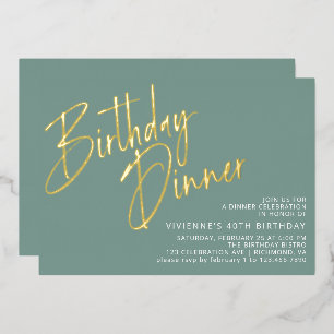 Invitación Con Relieve Metalizado Cena de cumpleaños moderna chic verde jade y dorad