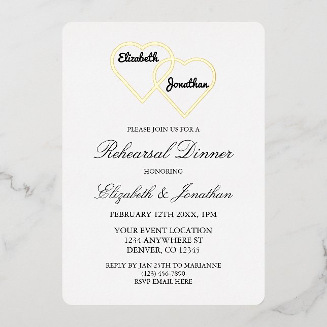Invitación Con Relieve Metalizado Cena de Ensamblado de Corazón (Anverso)