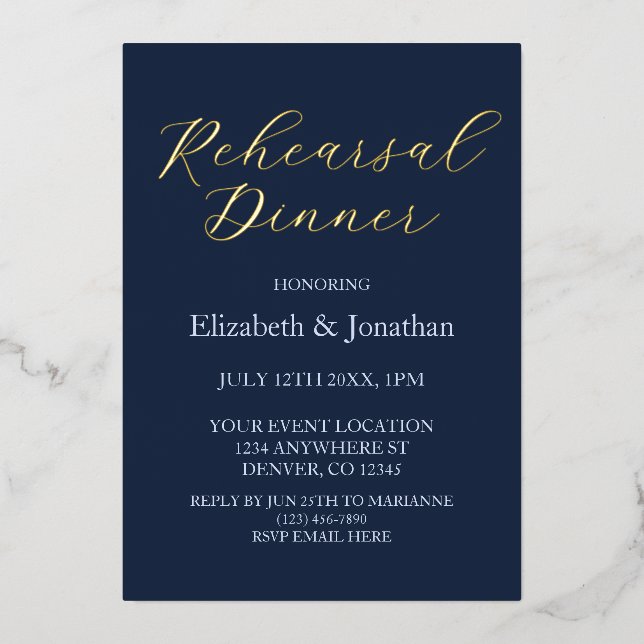 Invitación Con Relieve Metalizado Cena de ensayo azul opulento (Anverso)