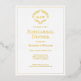 Invitación Con Relieve Metalizado Cena de ensayo de boda con monograma de la Cresta 