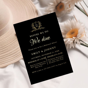 Invitación Con Relieve Metalizado Cena de ensayo de boda inicial en negro y dorado