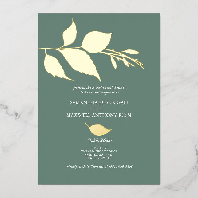 Invitación Con Relieve Metalizado Cena de ensayo de Boda verde (Anverso)