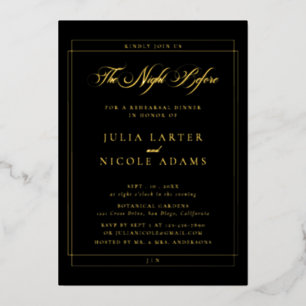 Invitación Con Relieve Metalizado Cena de ensayo de caligrafía en negro clásico oro