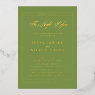 Invitación Con Relieve Metalizado Cena de ensayo de caligrafía en oro verde clásico