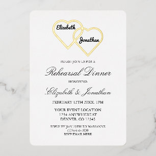 Invitación Con Relieve Metalizado Cena de ensayo de Corazones Entrelazados