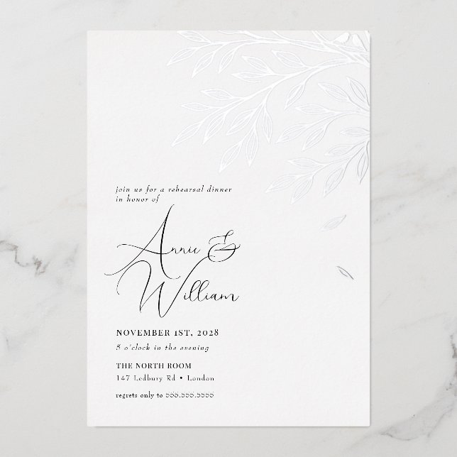 Invitación Con Relieve Metalizado Cena de ensayo de hojas de plata botánica (Anverso)