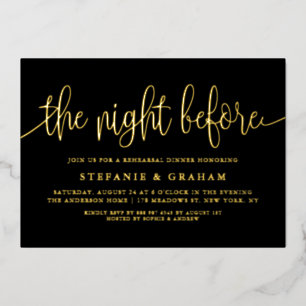 Invitación Con Relieve Metalizado Cena de Ensayo de la Noche Anterior Negra