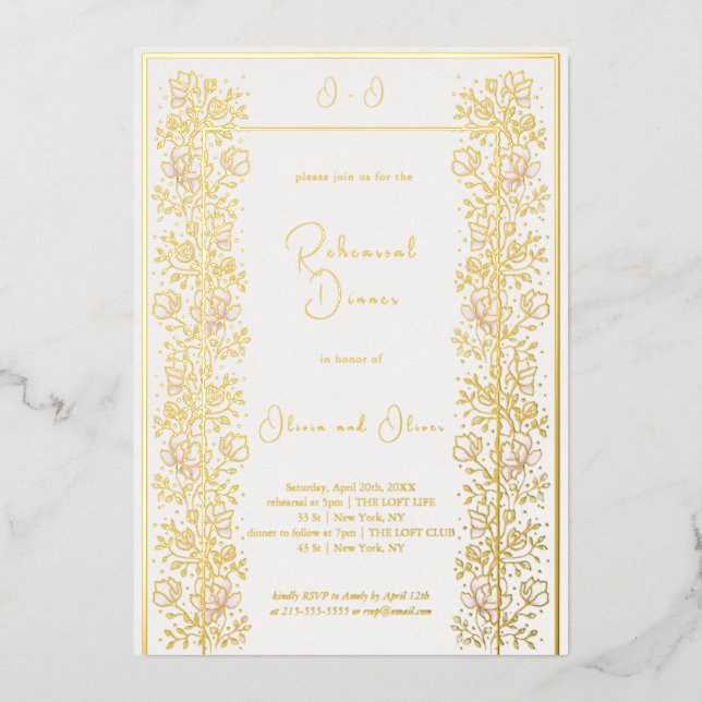 Invitación Con Relieve Metalizado Cena de ensayo de magnolia rosada