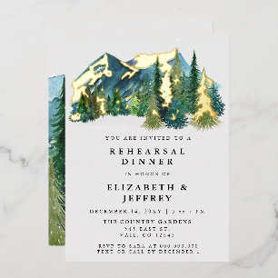 Invitación Con Relieve Metalizado Cena de ensayo de montañas de acuarela rústica de