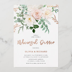 Invitación Con Relieve Metalizado Cena de ensayo de oro Rosa de flores de marfil y R