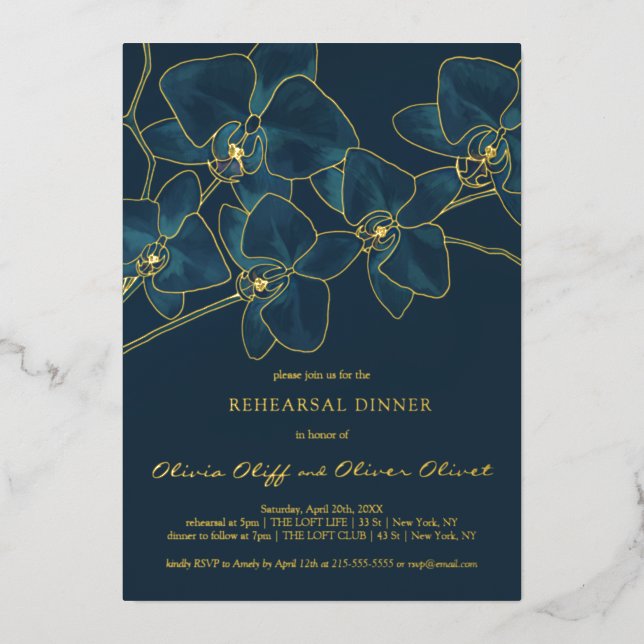 Invitación Con Relieve Metalizado Cena de ensayo de orquídeas azules blandas (Anverso)