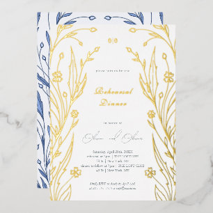 Invitación Con Relieve Metalizado Cena de Ensayo de Ranúnculo Azul