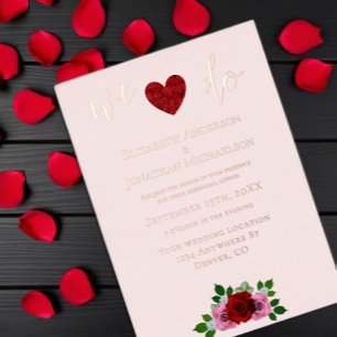 Invitación Con Relieve Metalizado Cena de Ensayo de Rosas Rojas y Rosadas