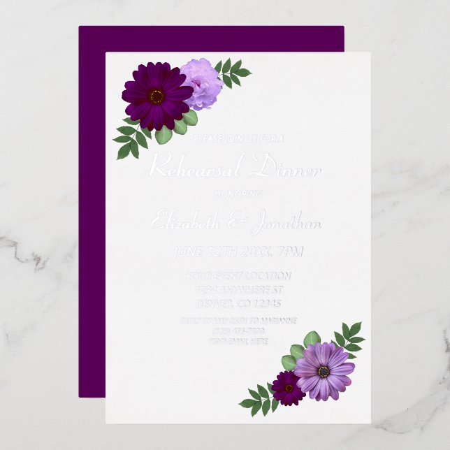 Invitación Con Relieve Metalizado Cena de ensayo floral Purple Peony (Anverso/Reverso)