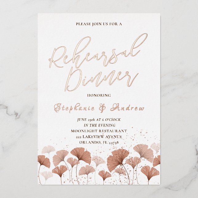 Invitación Con Relieve Metalizado Cena de ensayo Terracotta Foliage Rosa Gold (Anverso)