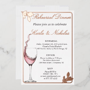Invitación Con Relieve Metalizado Cena de ensayo, tostada con flores, blanco elegant