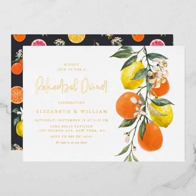 Invitación Con Relieve Metalizado Cena de Naranjas botánicos y de ensayo de lemas (Anverso/Reverso)