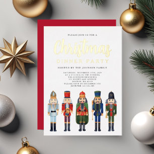 Invitación Con Relieve Metalizado Cena de Navidad de Cascanueces Rojo Fiesta Dorada