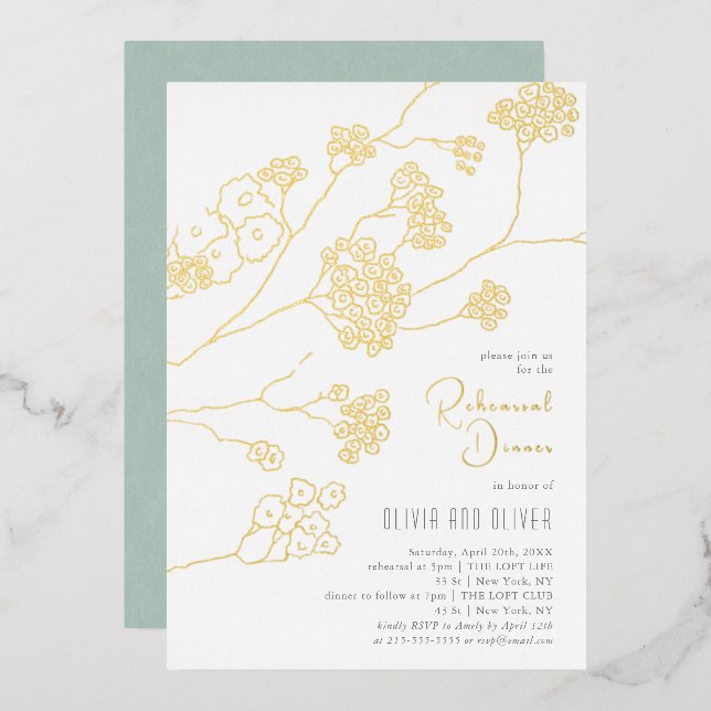 Invitación Con Relieve Metalizado Cena de pequeñas flores blancas (Anverso/Reverso)