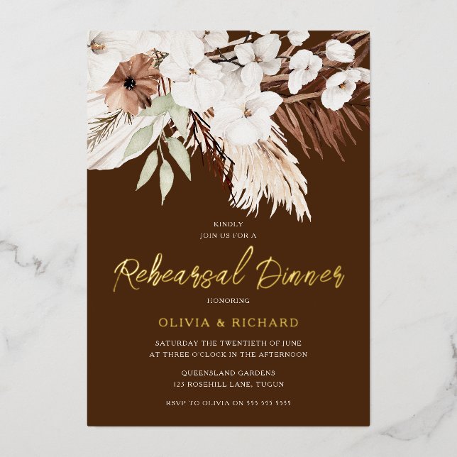 Invitación Con Relieve Metalizado Cena elegante de Bohemias Floral Gold (Anverso)