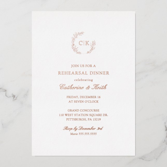Invitación Con Relieve Metalizado Cena elegante de monograma (Anverso)