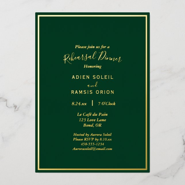 Invitación Con Relieve Metalizado Cena elegante y moderna de Boda de oro verde (Anverso)