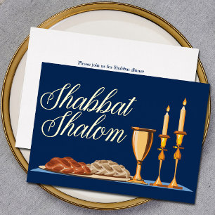 Invitación Con Relieve Metalizado Cena Judía Shabbat Shalom Azul Marino Dorado