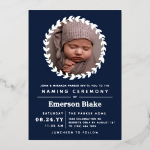 Invitación Con Relieve Metalizado Ceremonia de Bautizo Corona de Plata Azul Marino c