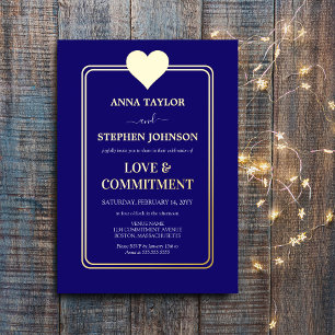 Invitación Con Relieve Metalizado Ceremonia de Compromiso Azul y Corazón de Oro de l