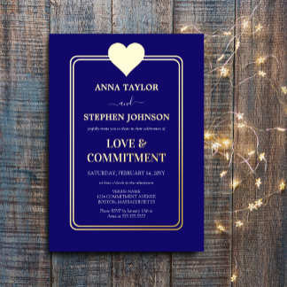 Invitación Con Relieve Metalizado Ceremonia de compromiso del corazón azul marino y
