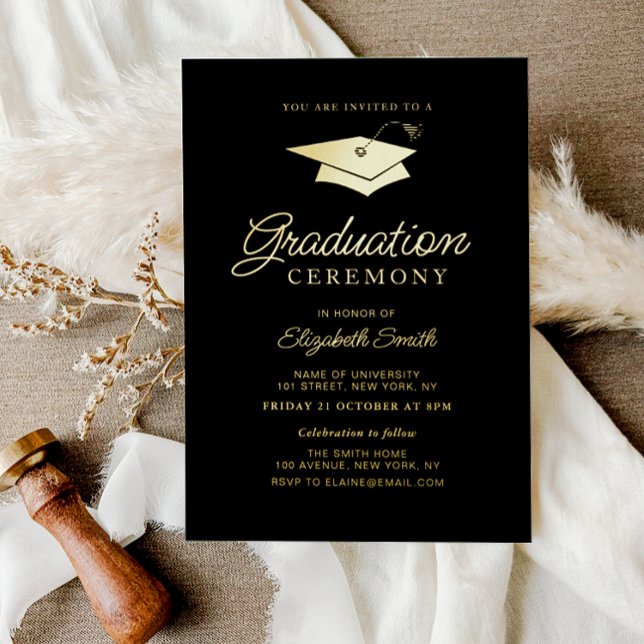 Invitación Con Relieve Metalizado ceremonia de graduación en negro y oro (Subido por el creador)