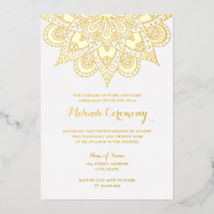Invitación Con Relieve Metalizado Ceremonia de Mehndi de Mandala de Lámina de Oro