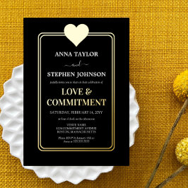 Invitación Con Relieve Metalizado Ceremonia Lux Black Gold Heart Love & Commitony