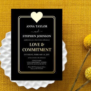 Invitación Con Relieve Metalizado Ceremonia Lux Black Gold Heart Love & Commitony