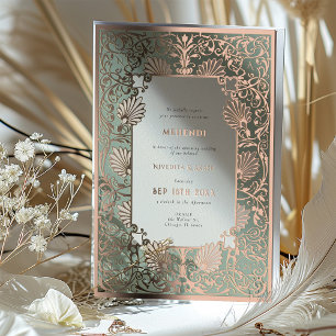 Invitación Con Relieve Metalizado Ceremonia MEHENDI Rosa Aciertos de Hoja de Oro Bod