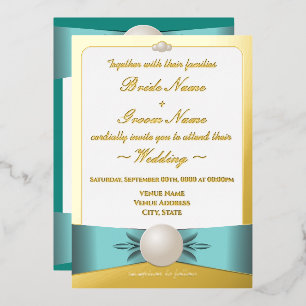 Invitación Con Relieve Metalizado Ceremonia/recepción de Boda de Pearl Ribbon Gold y