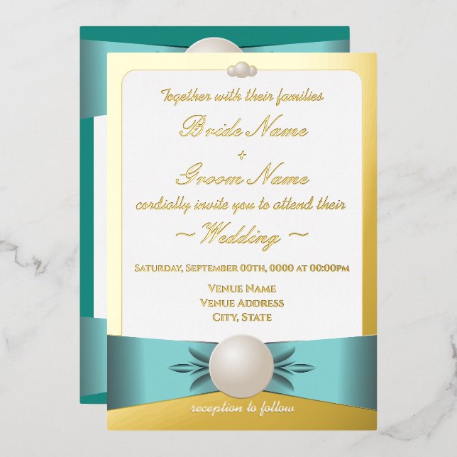 Invitación Con Relieve Metalizado Ceremonia/recepción de Boda de Pearl Ribbon Gold y (Anverso/Reverso)