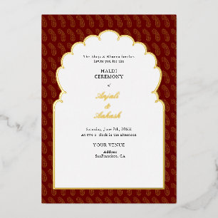 Invitación Con Relieve Metalizado Ceremonia tradicional india de Mehendi roja y dora