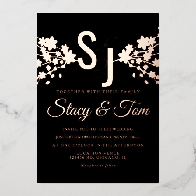 Invitación Con Relieve Metalizado Cerezo Blossom Ampersand Pressed Black (Anverso)