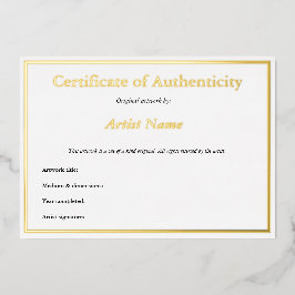 Invitación Con Relieve Metalizado Certificado de autenticidad para el arte