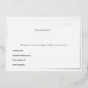 Invitación Con Relieve Metalizado Certificado de autenticidad para el arte