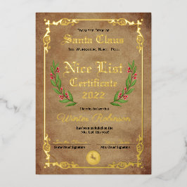 Invitación Con Relieve Metalizado Certificado de Hoja de Santa's Lista Buena
