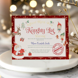 Invitación Con Relieve Metalizado Certificado de Lista de Traviesos de Santa Invitac