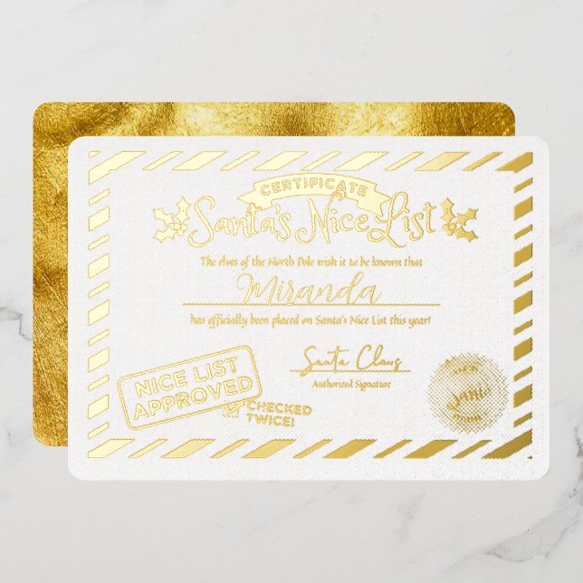 Invitación Con Relieve Metalizado Certificado Personalizado de Lista de Niños Buenos (Anverso/Reverso)