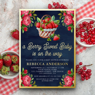 Invitación Con Relieve Metalizado Cesta de fresa dulce Baby Shower Navy oro azul